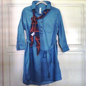 Vanilla Bay Chambray Denim 3/4 Sleeve Button Shirt Short Dress w/Scarf SZ LG EUC